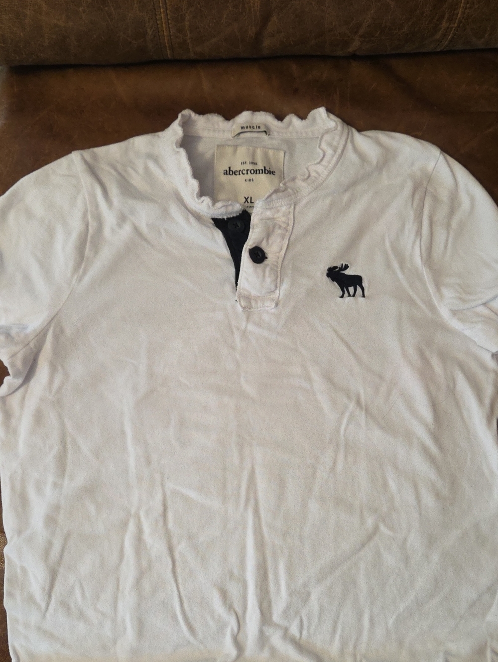 Abercrombie & Fitch White Henley Polo with Navy Moose Logo Kids XL